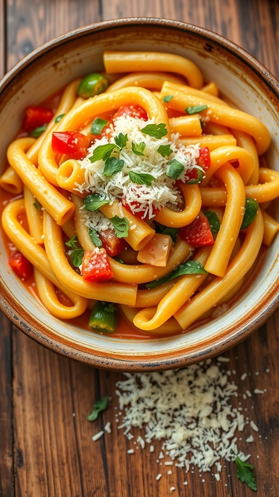 Delicious Parmesan Cheese Recipes Creamy pasta with Parmesan cheese and mixed vegetables in a rustic bowl.